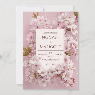 Invitación Boda con Marco Dorado Flor de Cerezo Rosa Rubor Ex