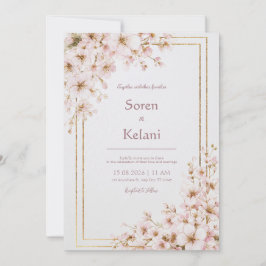 Invitación Boda con Marco Dorado Flor de Cerezo Rosa Sonrojo