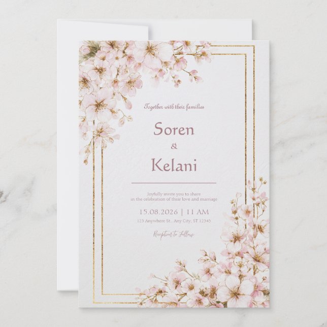 Invitación Boda con Marco Dorado Flor de Cerezo Rosa Sonrojo (Anverso)