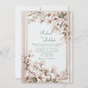 Invitación Boda con Marco Dorado Flor de Cerezo Rosa Sonrojo