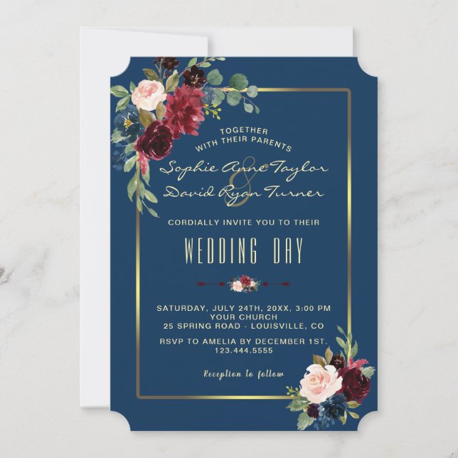 Invitación Boda con marco dorado floral borgoña Navy (Anverso)