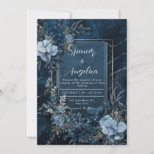 Invitación Boda con Marco Dorado Floral de Mármol Azul Median