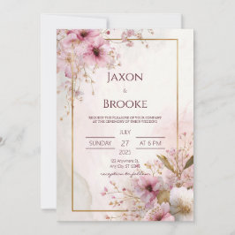 Invitación Boda con Marco Dorado Floral Rosa Rosado Romántico