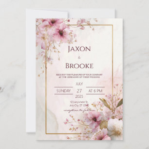Invitación Boda con Marco Dorado Floral Rosa Rosado Romántico