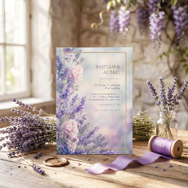 Invitación Boda con Marco Dorado Lavanda Romántico Azul Brumo