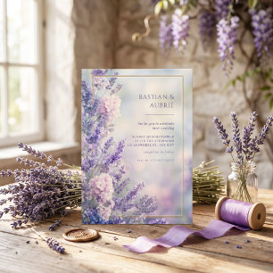 Invitación Boda con Marco Dorado Lavanda Romántico Azul Brumo