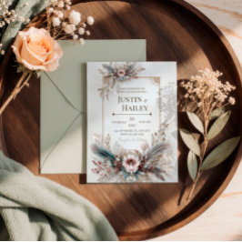 Invitación Boda con Marco Dorado Rosa Floral Pluma Boho