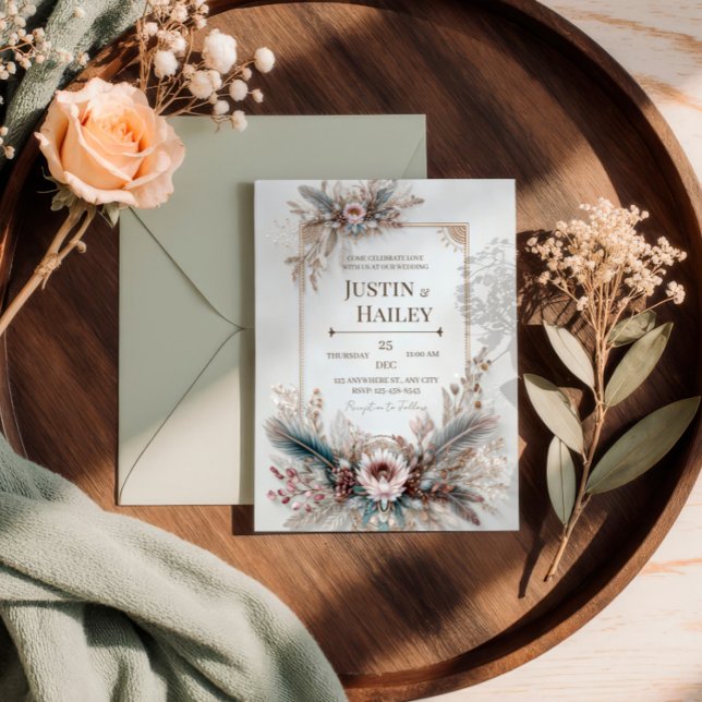 Invitación Boda con Marco Dorado Rosa Floral Pluma Boho (Subido por el creador)