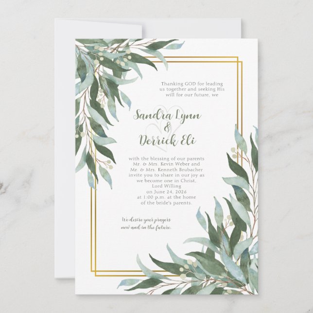 Invitación Boda con marco dorado y follaje verde (Anverso)