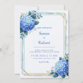 Invitación Boda con marco dorado y Hortensia azul en polvo