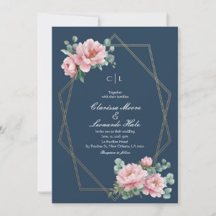 Invitación Boda con marco dorado y peonía de color rosa naval