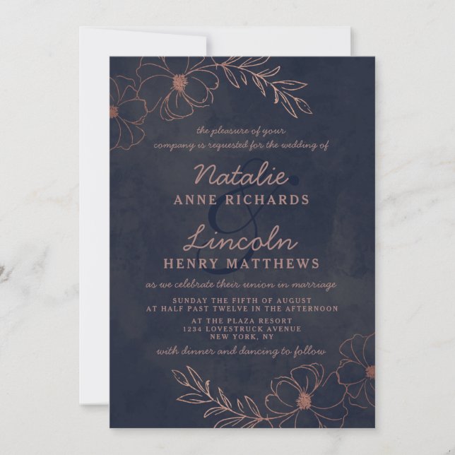 Invitación Boda con marco floral de Relieve metalizado dorado (Anverso)