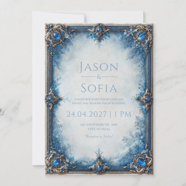 Invitación Boda con marco floral de zafiro (Anverso)
