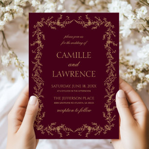 Invitación Boda con marco floral dibujado a mano en champán d