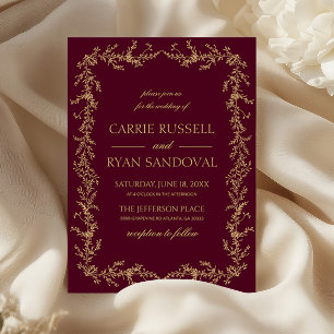 Invitación Boda con marco floral dibujado a mano en champán d
