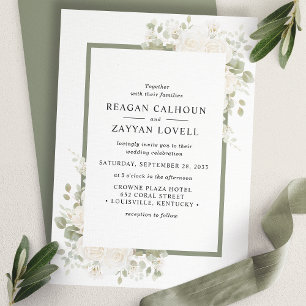 Invitación Boda con marco floral elegante de marfil y salvia