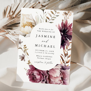 Invitación Boda con marco floral otoñal rústico Marsala