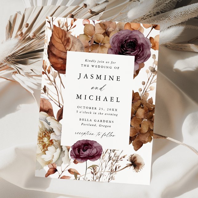Invitación Boda con marco floral otoñal rústico Marsala (Subido por el creador)