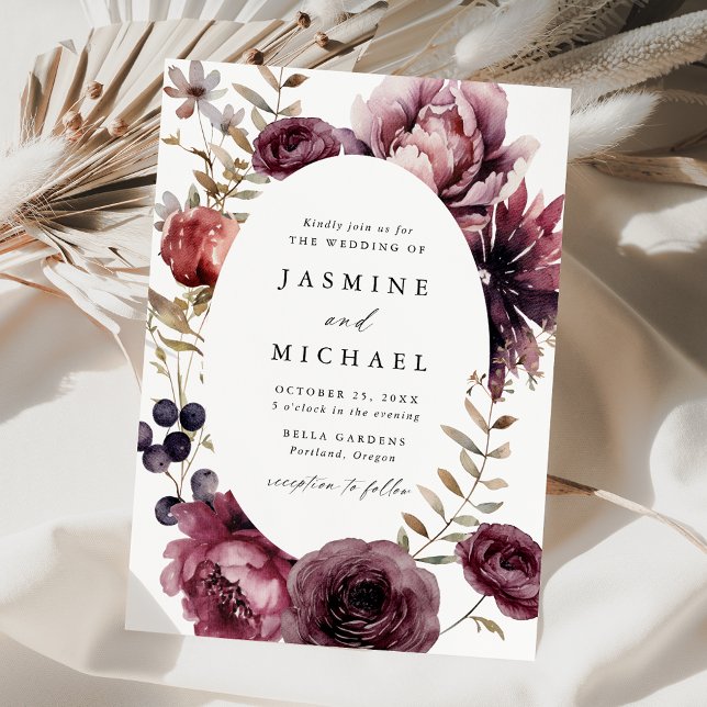 Invitación Boda con marco floral otoñal rústico Marsala (Subido por el creador)