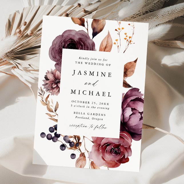 Invitación Boda con marco floral otoñal rústico Marsala (Subido por el creador)