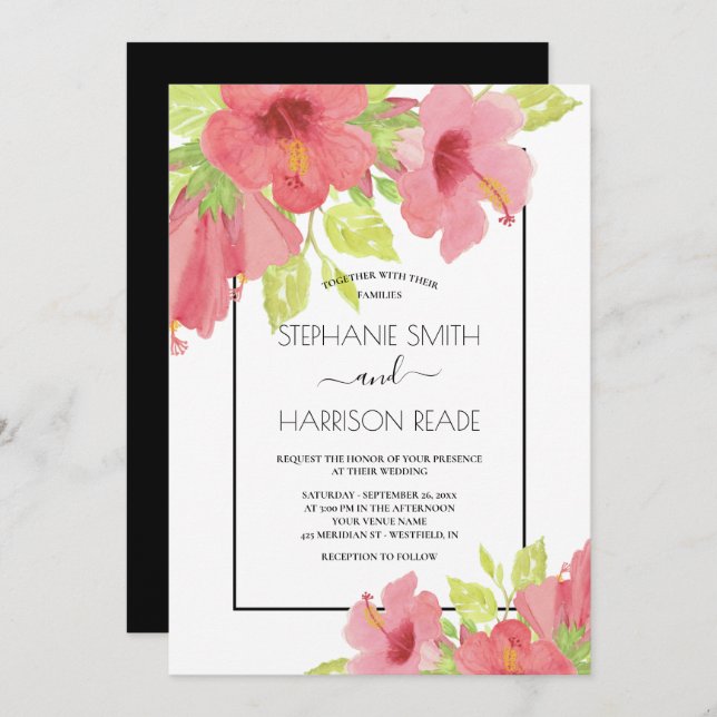 Invitación Boda con marco floral rosado Hibiscus (Anverso / Reverso)