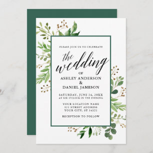 Invitación Boda con marco verde botánico de acuarela