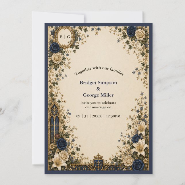 Invitación Boda con Monograma Crest Gótico Real Medieval (Anverso)