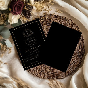 Invitación Boda con monograma de cresta botánica en negro y d