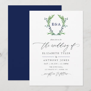 Invitación Boda con monograma de cresta de laurel azul marino