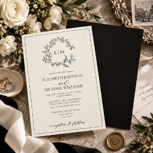 Invitación Boda con Monograma de Cresta Frondosa en Marfil