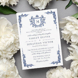 Invitación Boda con Monograma de Cresta Vintage Azul