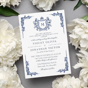 Invitación Boda con Monograma de Cresta Vintage Azul