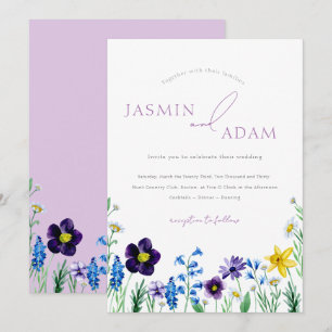 Invitación Boda con Monograma de Flor Silvestre Azul Lila Ele