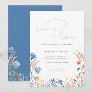 Invitación Boda con Monograma de Flor Silvestre Azul Naranja