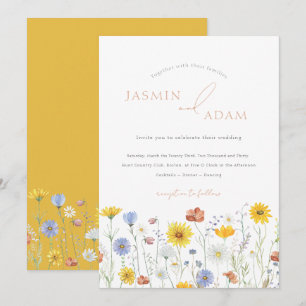Invitación Boda con Monograma de Flor Silvestre Mostaza Elega