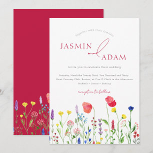 Invitación Boda con Monograma de Flor Silvestre Roja Carmesí 