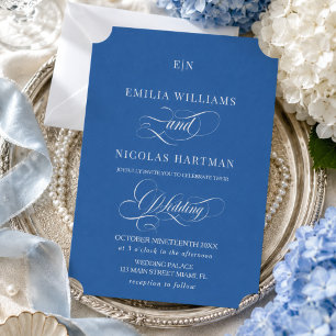 Invitación Boda con Monograma de Letra Script Elegante Azul R