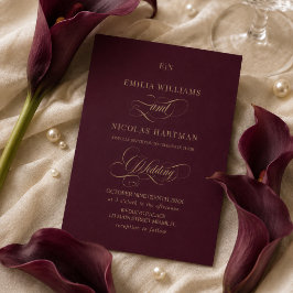 Invitación Boda con Monograma de Oro Borgoña