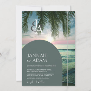 Invitación Boda con Monograma de Puesta de Sol en Playa Tropi