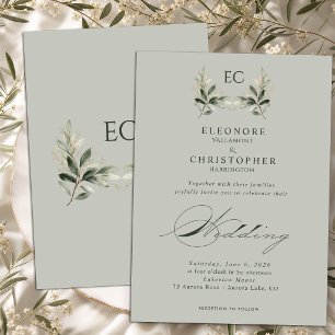 Invitación Boda con Monograma de Rama de Olivo Verde Salvia