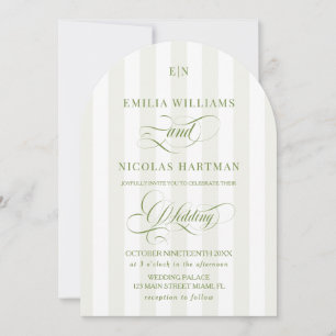Invitación Boda con Monograma de Rayas Blancas y Verdes