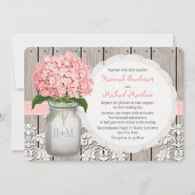Invitación Boda con monograma del Hydrangea del rosa del (Anverso)