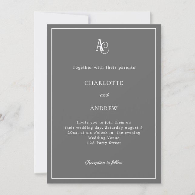 Invitación Boda con monograma moderno gris (Anverso)