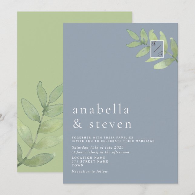 Invitación Boda con Monograma Verde y Azul Polvoriento (Anverso / Reverso)