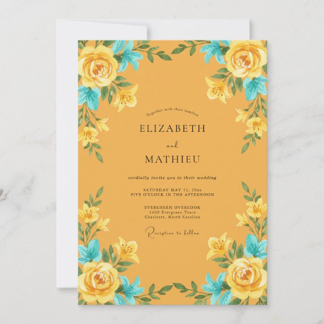 Invitación Boda con Ochre Turquesa Ranunculus Eucalipto (Anverso)