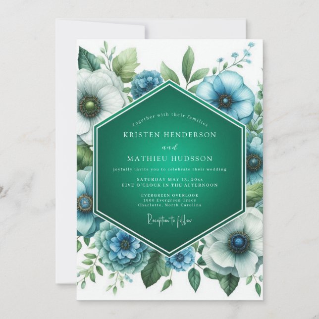 Invitación Boda con paleta de turquesa esmeralda (Anverso)