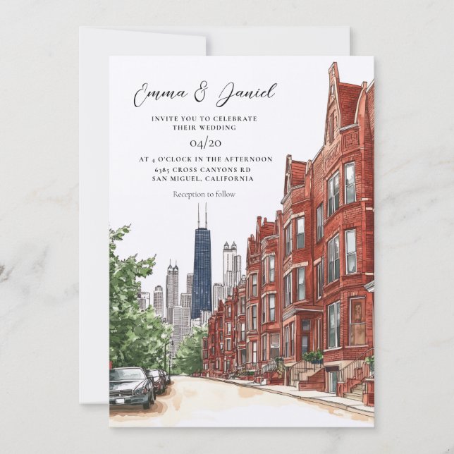 Invitación Boda con panorama de Chicago (Anverso)