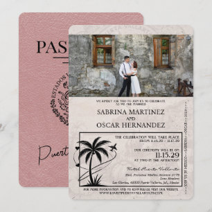 Invitación Boda con pasaporte Dusty Rose Puerta Vallarta