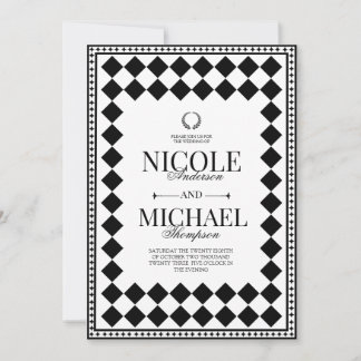 Invitación Boda con Patrón de Diamante en Negro y Blanco Eleg