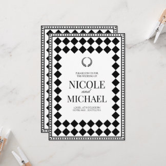 Invitación Boda con Patrón de Diamante en Negro y Blanco Eleg